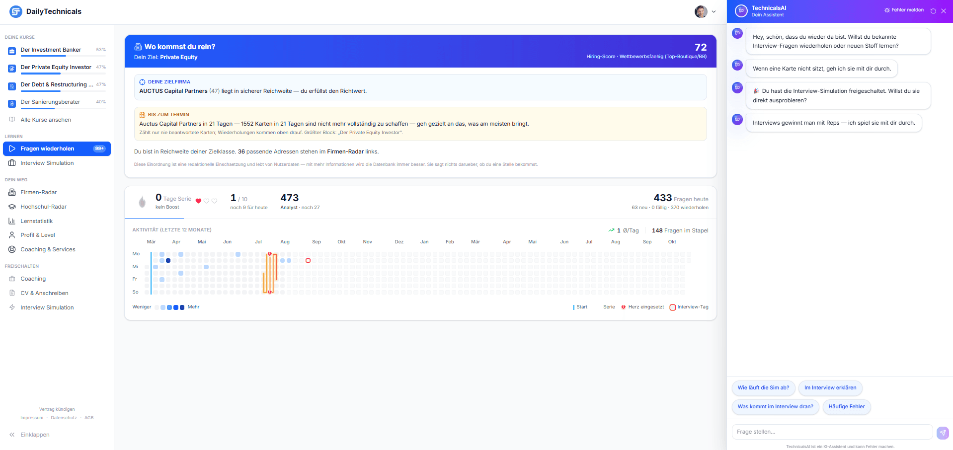 Dashboard mit Ziel-Einordnung, Lernserie und Aktivitäts-Heatmap